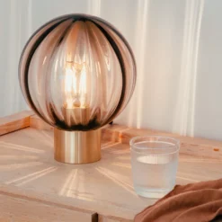 KRYSTALLKULE BORDLAMPE OPTIKK KAKAO M. MESSING SOKKEL